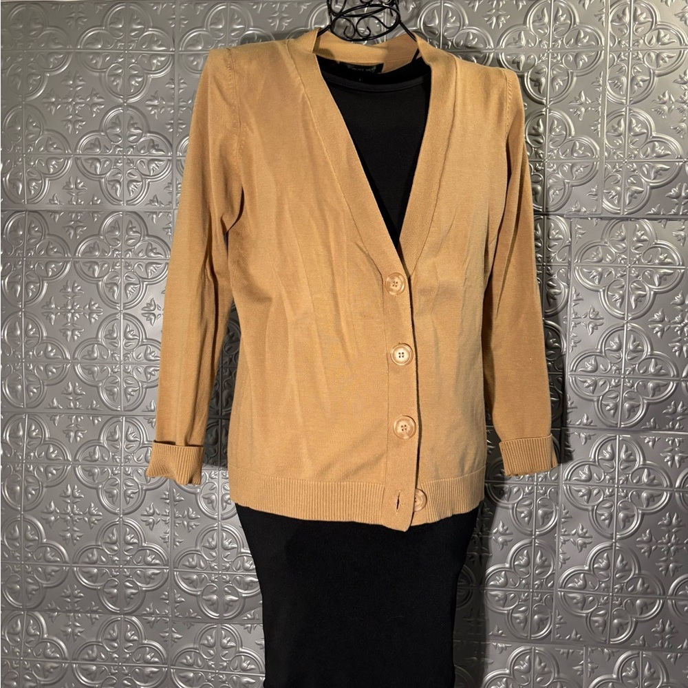 August Silk Carmel Tan Silk Blend Chunky Button Cardigan Sweater size large - Picture 5 of 7